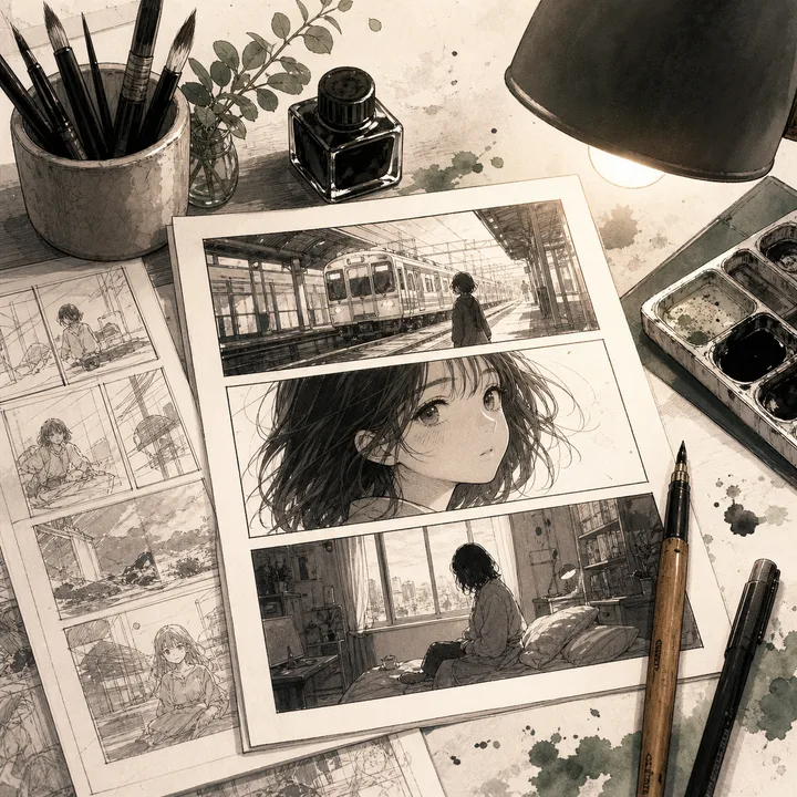 A manga artist desk with storyboard panels and ink tools