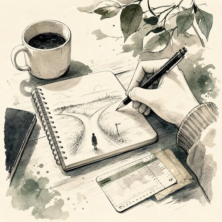 A hand sketching a story scene in a notebook