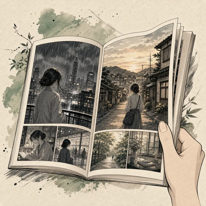 An open manga showing a city life and a hometown life side by side